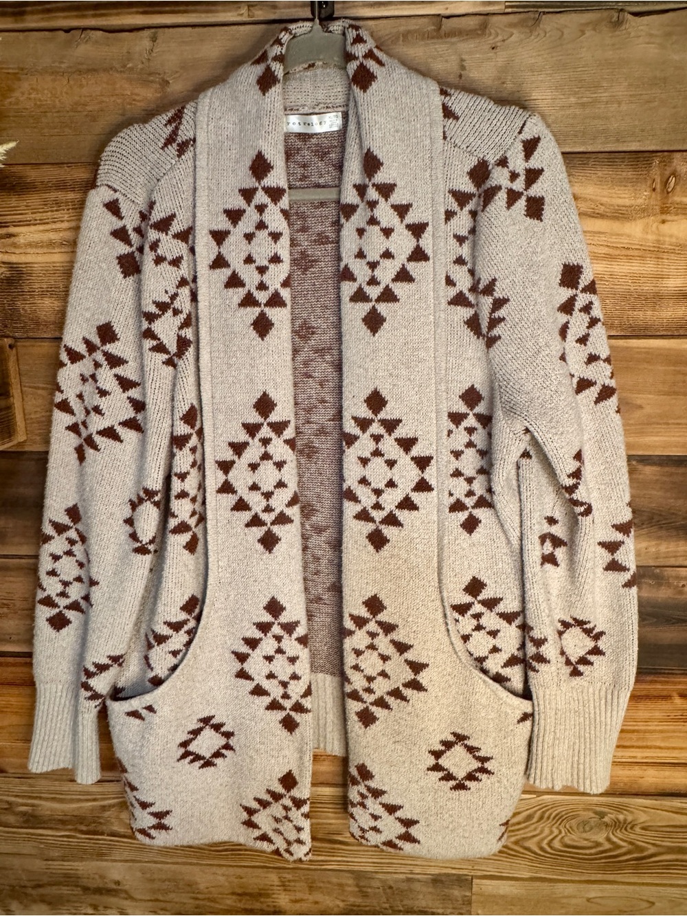 Retrology Cozy Fuzzy Thick Cream Brown Aztec Cardigan Sweater | Size XL